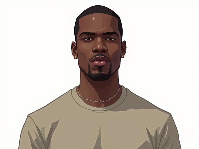 2D black male character depicted from head to chest looking straight ahead. Brightly lit with no shadows. Wearing a solid color t-shirt without accessories. No background present. Drawn in a style inspired by Grand Theft Auto 3.