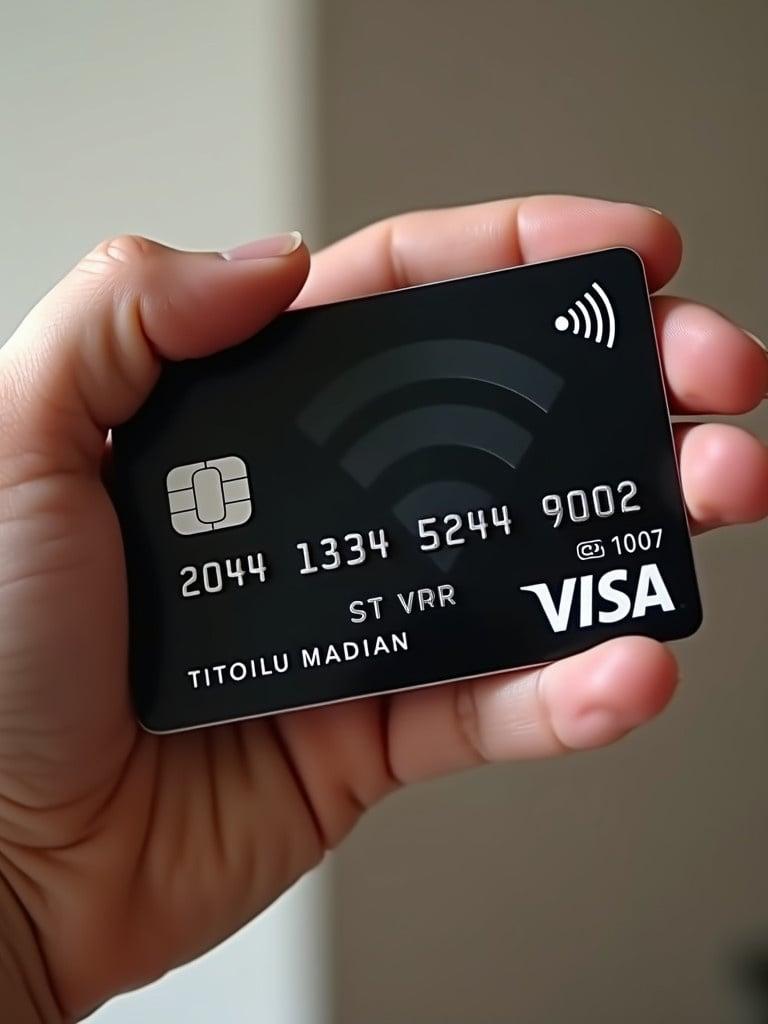 Realistic Visa credit card shown in hand. Card features a black color with a chip and wireless payment symbol. It displays a card number and exp date and name Titoiu Mugur Adrian.