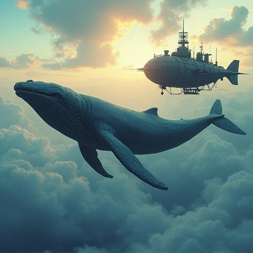 Cel-shaded sky whales dive through fluffy clouds at dusk. Steampunk airships chase after pearl tears. Surreal fantasy environment with vibrant colors.