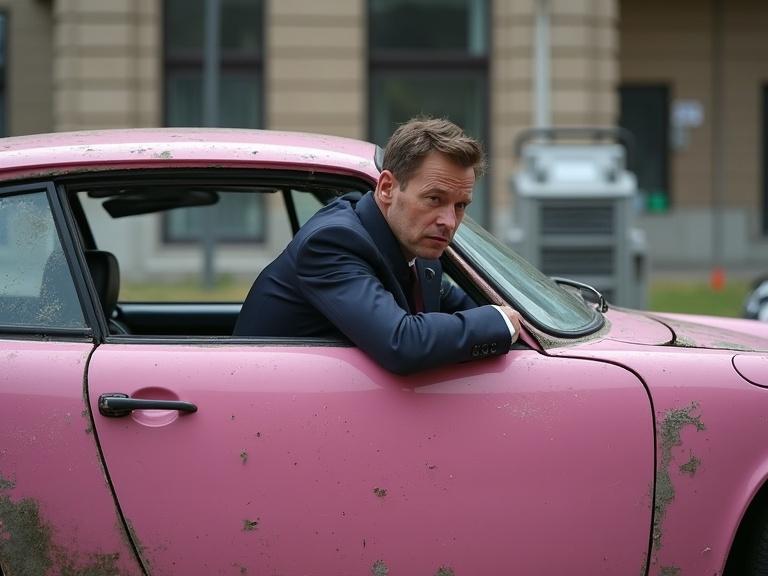 A severely dented and grime-covered pink Porsche is featured prominently. A businessman casually leans out of the window. The setting is urban with soft natural light. The car has noticeable wear and age, showcasing character and uniqueness.
