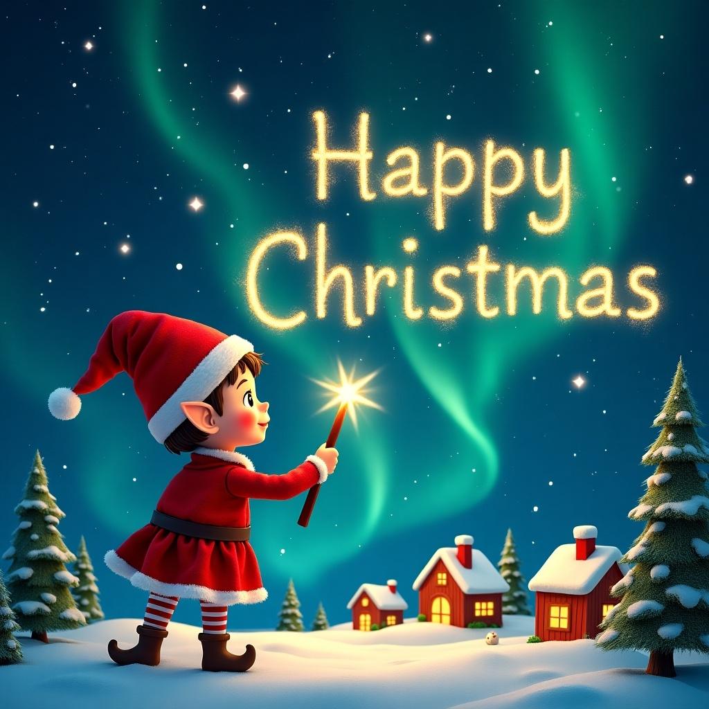 Elf writes Happy Christmas using a wand. Starry night sky sparkles. Elf in red hat and outfit. Little houses and evergreen trees below. Enchanting Northern Lights visible.