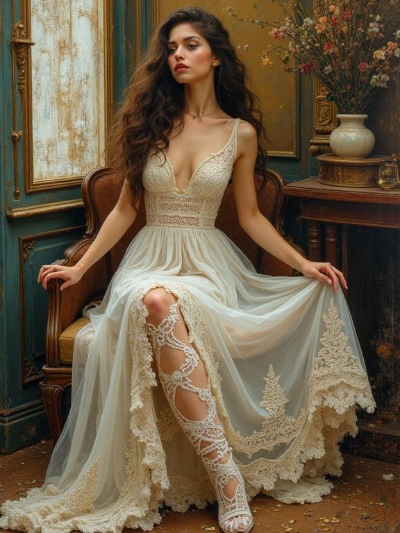 Photorealistic painting of a woman in a lace dress. Fair skin and long dark brown hair. Posed gracefully. Dress with delicate patterns and textures. Stylized interior with ornate architecture. Soft diffused lighting. Rich warm colors. Emphasis on elegance and beauty.