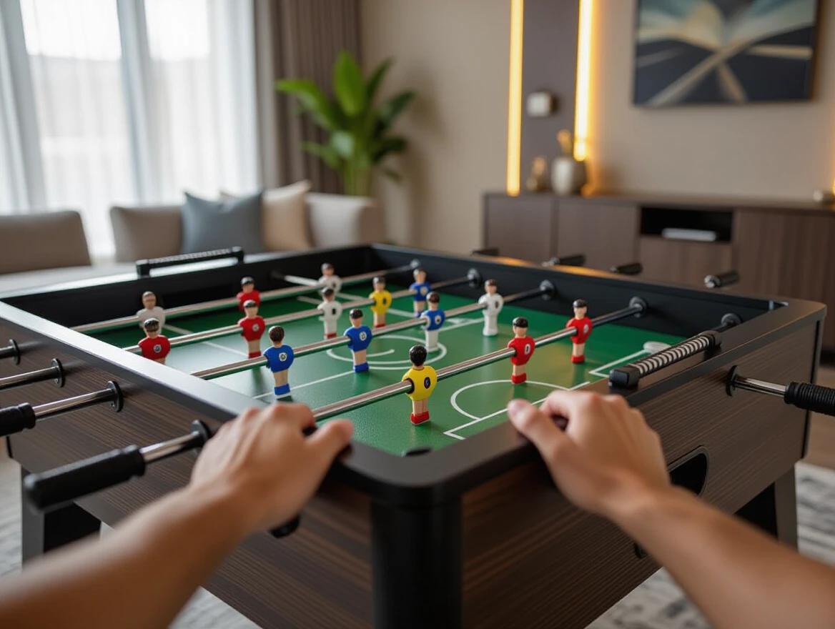 First-person perspective view of a modern luxury room. Hands gripping chrome handles of a foosball table. Matte wood frame with sleek finishes. Foosball players positioned mid-action on the table. Soft lighting in the room creating an inviting atmosphere. Background elements blurred to highlight the foosball game.