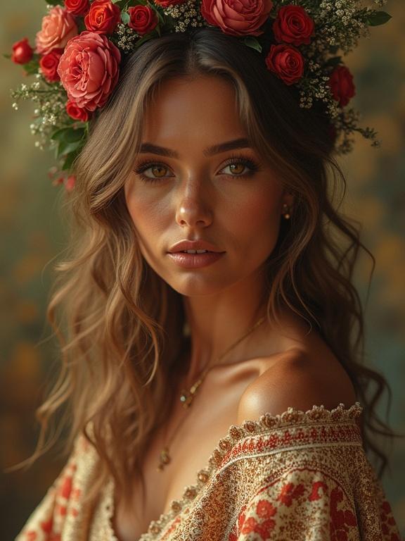Portrait of a woman with tanned skin and floral crown featuring roses. Soft and natural lighting enhances her features. The background is blurred with warm tones.