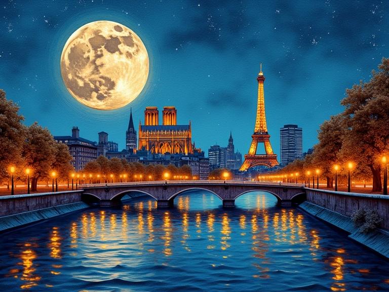 Origami inspired art of Paris skyline at night. Features Eiffel Tower and Notre Dame illuminated by moonlight. City lights reflect on the river's surface. Panoramic view showcases the bridge and trees along the riverbank. Evokes a soft glow effect, vibrant colors capture the night ambiance.