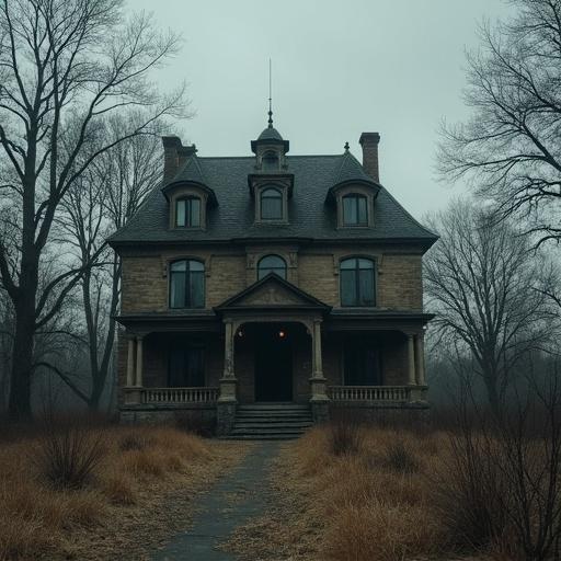 Image of a creepy abandoned two floors mansion. Overgrown grass surrounds the path. Trees are bare and looming