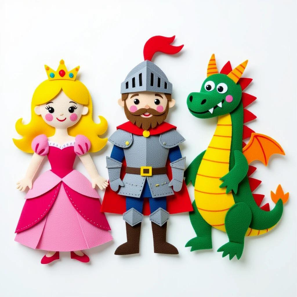 A colorful felt princess dragon and knight. Princess has yellow hair with a pink dress. Knight has gray armor and a red cape. Dragon is green with orange flames. All are flat with embroidered faces. Suitable for children's storytelling and crafts.