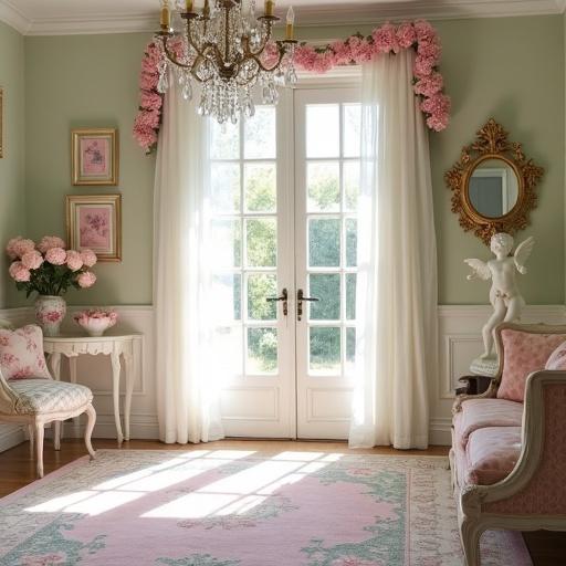 Shabby chic living room decor in white and light pink with sage green accents. Features include a crystal chandelier pink rose garland around French doors and sunlight streaming in. Ornate gold frames with pink rose prints are displayed on the walls. A gold mirror is mounted on the wall. A white cherub statue is positioned on a pedestal. Antique rose-painted vases are filled with light pink peonies. A pink rose rug complements the decor.
