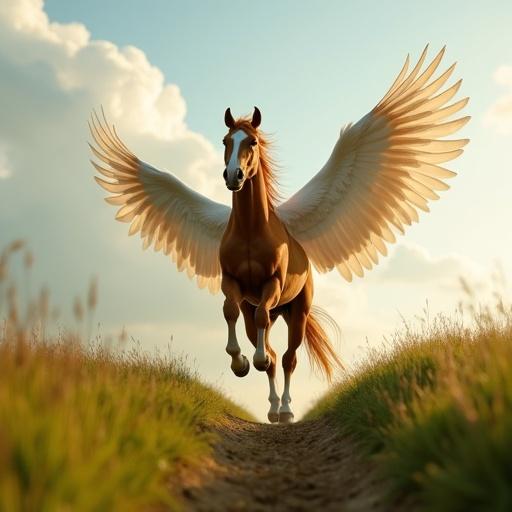 Hyper-detailed wide shot of a caramel horse galloping toward center frame from a distant hill surrounded by open fields of emerald grass. Just before reaching the camera, the horse unfurls broad, feathery wings and launches into a cloud-filled sky. Shot in photorealism with warm sunlight and panoramic 8K detail.