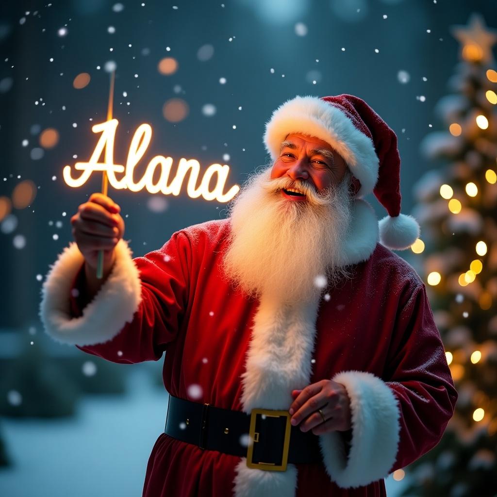 The image depicts a jolly Santa Claus celebrating Christmas night. He wears a traditional red suit and white fur trim, and is surrounded by softly falling snow. Santa is joyfully holding a glowing stick that lights up the word 'Alana'. The background features twinkling fairy lights and gently illuminated Christmas trees. This scene evokes a sense of warmth and magic associated with the holiday season. The atmosphere is serene and festive, capturing the essence of family celebrations during Christmas time.