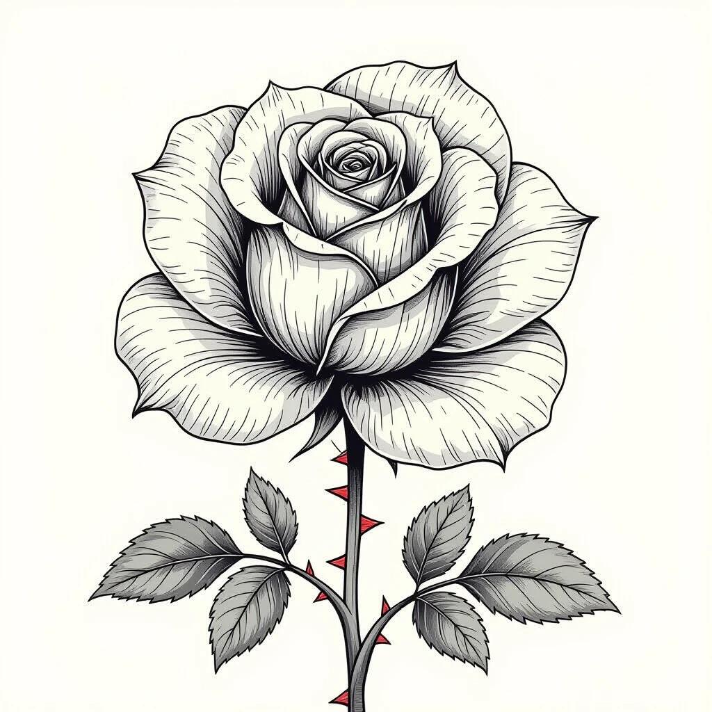 A simple sketch of a rose features layered petals with spiral lines. Petal edges curl gently. A straight line connects below to show the stem. Serrated leaves dot both sides of the stem with small thorns. Contour is smooth and elegant.