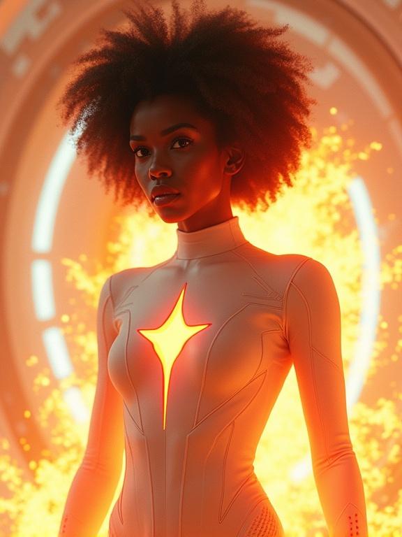 A mixed race slim short female superhero with dark curly afro hair. She wears a sleek white bodysuit featuring a long red four-point star emblem on her chest. Bright orange solar flare powers emanate from her body. Energy flows around her, and her eyes glow orange. The background features a sleek white sci-fi interior with vivid orange effects. Focus on realism, textures, details, shadows, and visual effects.