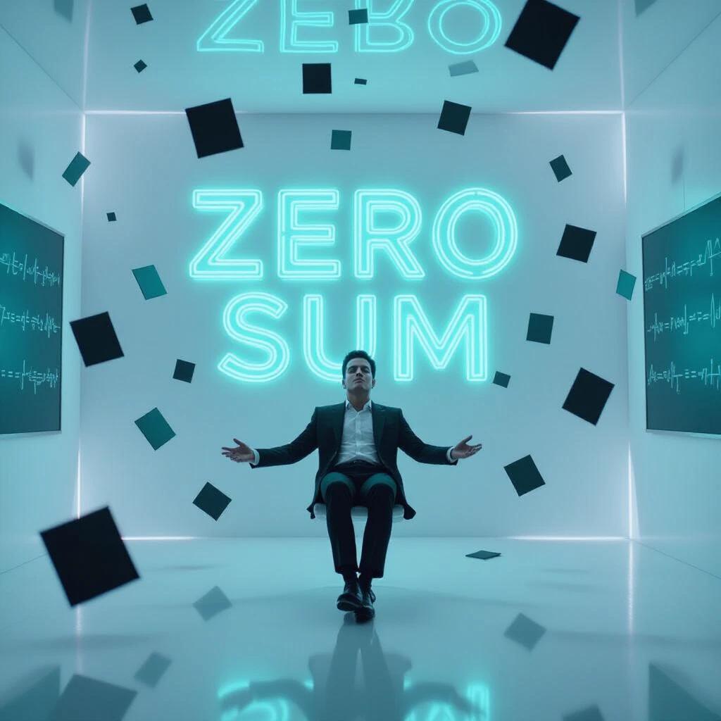 Poster depicting the movie ZERO SUM. The title is illuminated in neon green using a mathematical digital font. A figure in a suit appears to float in a minimalist white room with floating blackboard pieces. Lighting is bright and clinical with sharp reflective angles. Surreal style with high image clarity.