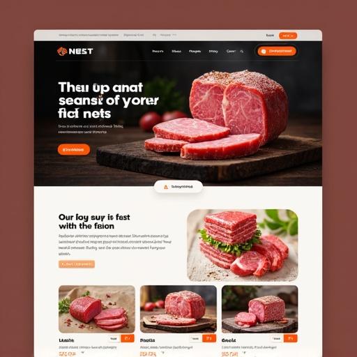 Modern web design for a meat store company. Emphasizes user-friendliness and professionalism. Features a layout showcasing meat products and easy navigation.