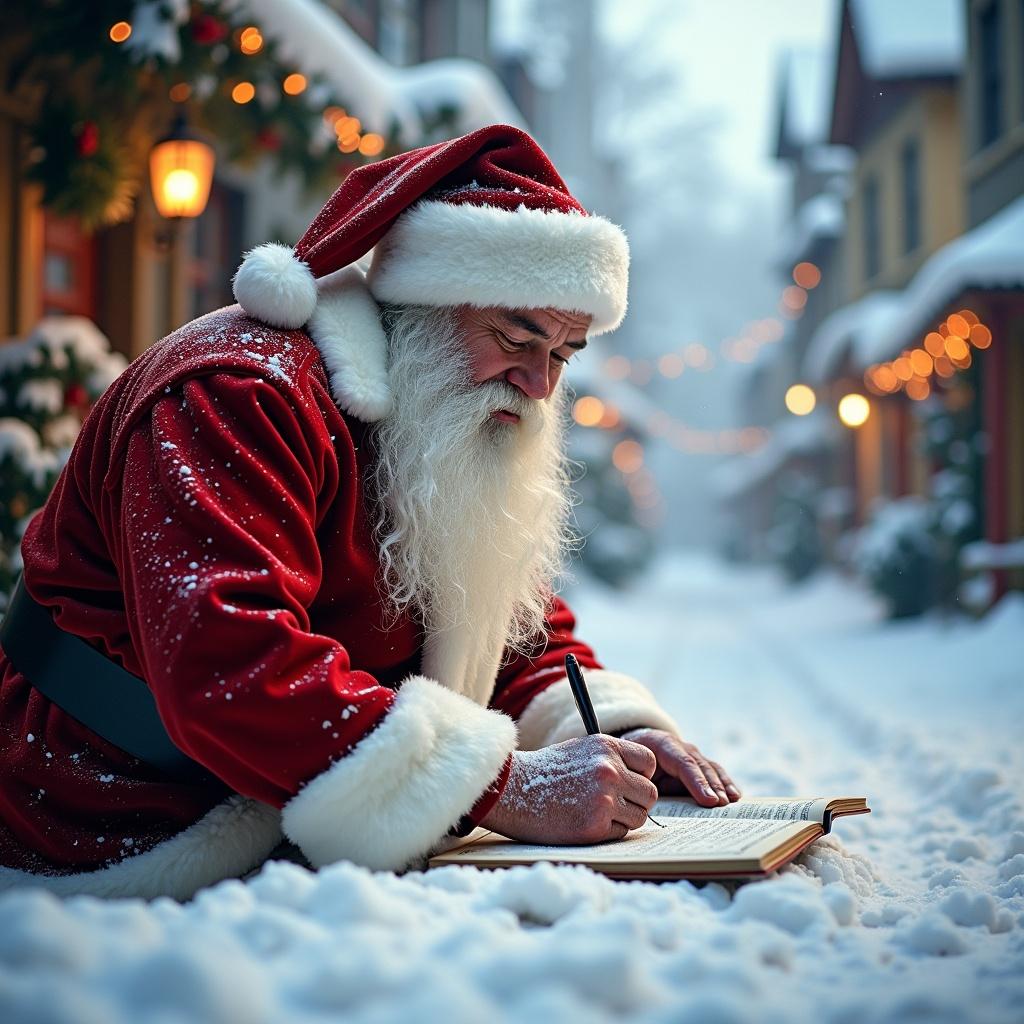 Santa Claus dressed in traditional red and white writing names in the snow on a snowy street. The scene features charming buildings and is lit with soft winter light, conveying a joyful holiday spirit.