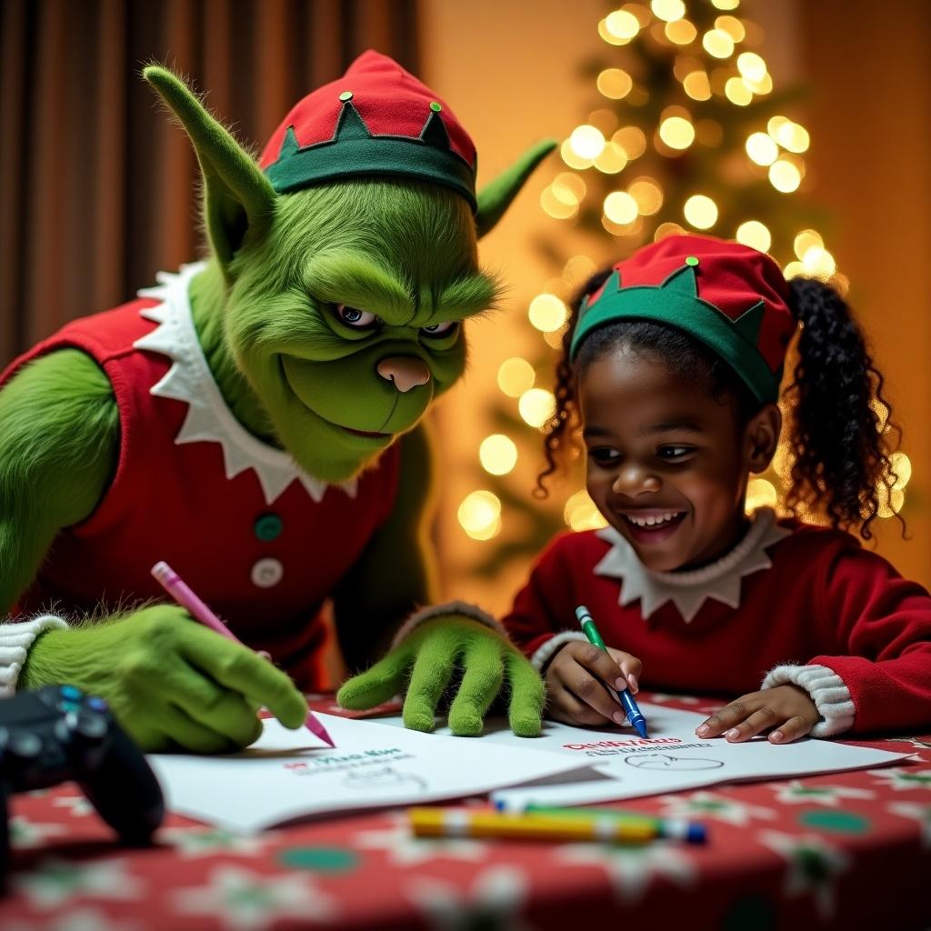 The Grinch and a child dressed as an elf writing names at a table. The Grinch and the child use crayons. A games console controller with coloring materials is present on the table. A Christmas tree with soft lights is in the background.