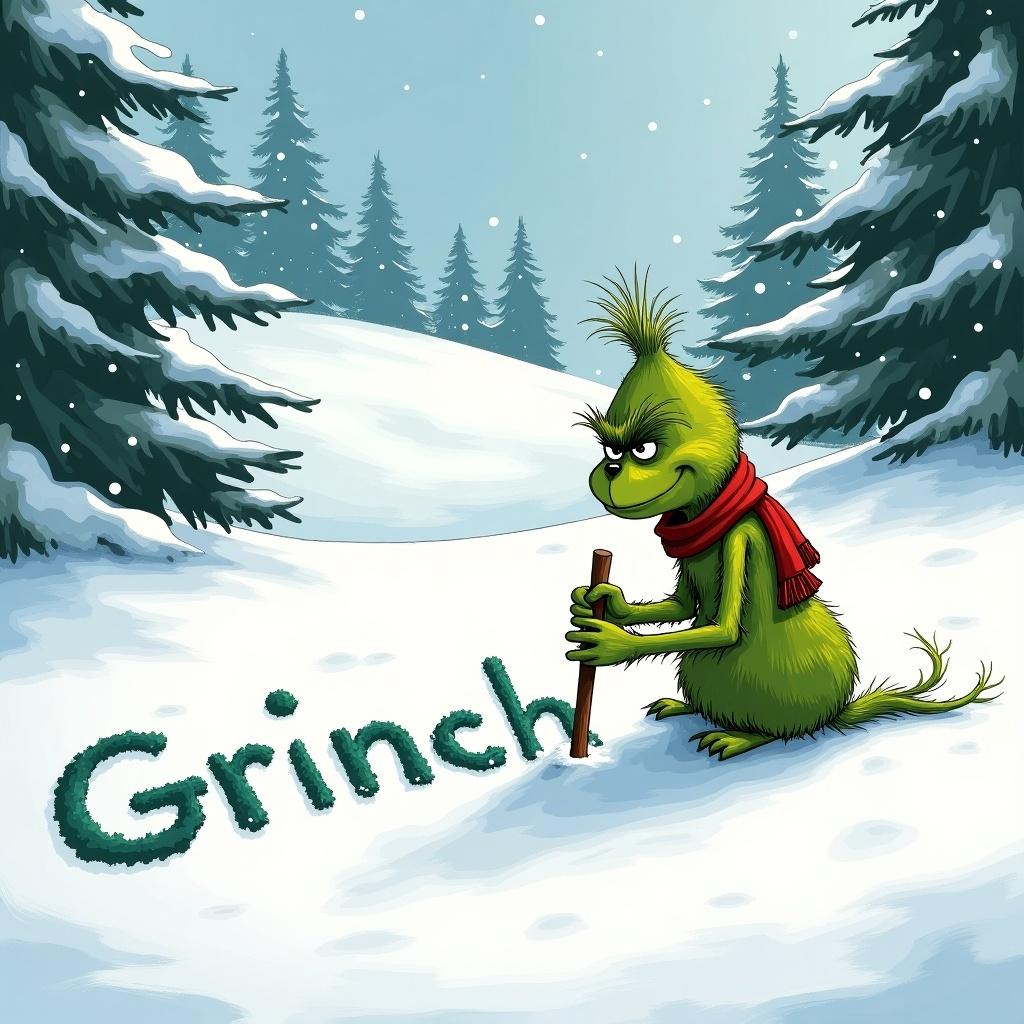 The Grinch is writing his name in snow. Scene shows snow-covered hills and evergreen trees. The Grinch is green with a red scarf.