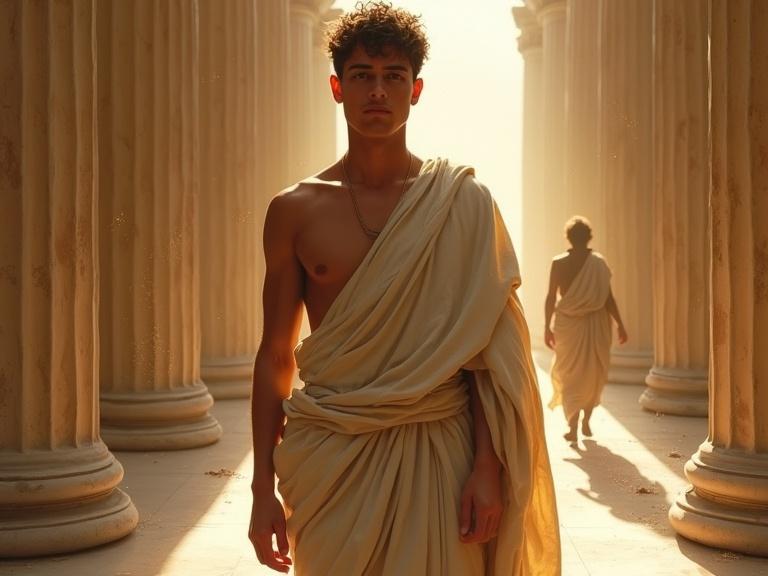 Oil painting digital art style. Medium shot of a solitary figure standing upright. Calm and resolute expression. Clothed in draped garments. Thick brushstrokes texture. Warm sunlight illuminating face contours. Ghostly silhouettes in muted sepia behind the figure. Marble corridor vanishing in the background. Ornate Corinthian columns flank the scene. Dust motes dancing in golden rays. Overall composition suggests clarity and purpose.