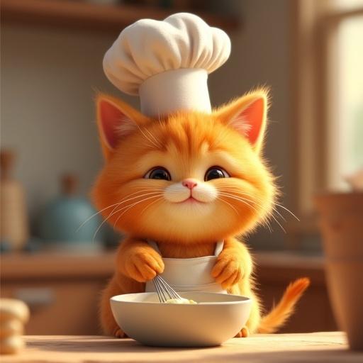 Cute fluffy orange cat wearing a tiny chef hat and apron stands on a stool in front of a bowl. Cat whisking pancake batter happily in a cozy kitchen setting with soft lighting. Pixar-style 3D render.