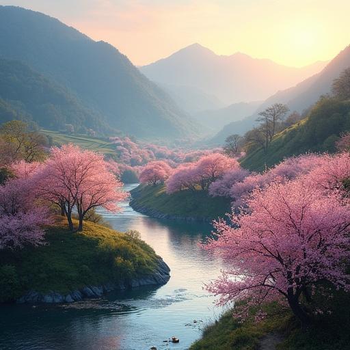 A valley surrounded by hills contains a u-shaped river. The landscape is filled with cherry trees in full blossom. The scene captures dawn's early light.