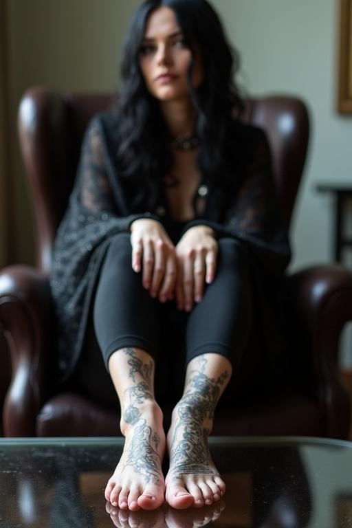 Mature goth woman displays tattooed soles of her bare feet while sitting on an armchair. She has long black hair and wears goth clothing. The focus is on the details of the tattoos on her feet and the setting around her.