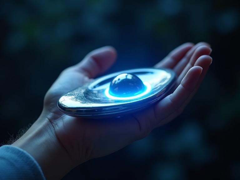 Hand holds a silver metallic shiny reflective alien device with a glowing blue sphere. The device has an organic, curvy shape. The palm is visible with details and textures. Dark blue atmospheric background with shadows.