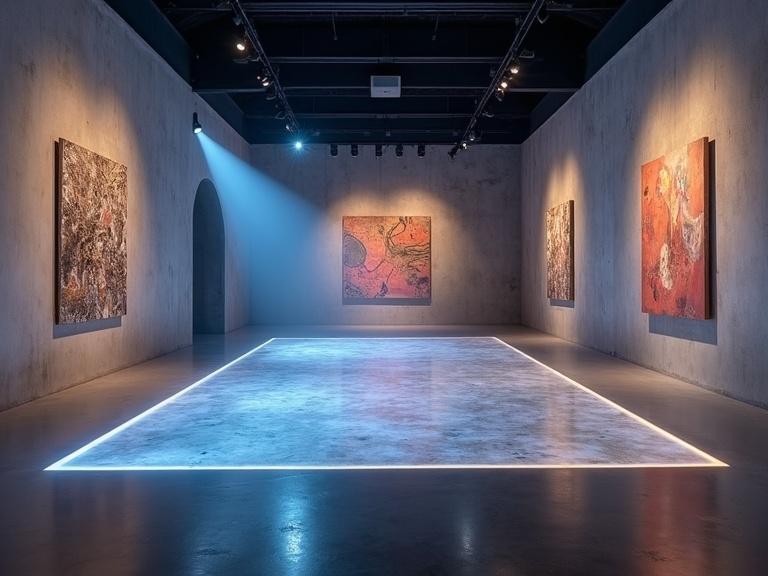 Symmetrical shot of a modern art installation. The scene has challenging mixed lighting. Cool LED strips on the floor contrast with warm gallery lights on textured concrete walls.
