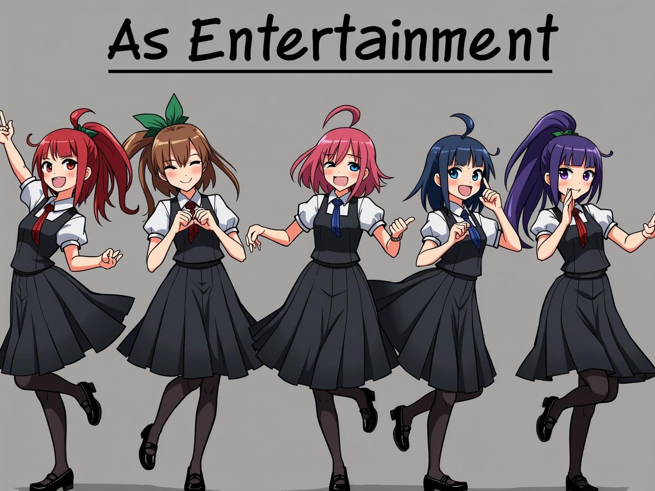 This image features five animated characters in black school uniforms, each displaying a unique pose and expression. They are standing in a line, looking cheerful and lively. The background is a simple gray, emphasizing the characters. There's a title above them that reads 'As Entertainment', suggesting a theme of fun and engagement. The characters' hairstyles and colors vary, contributing to their individual personality representation. Overall, the illustration captures the essence of entertainment within a youthful context.