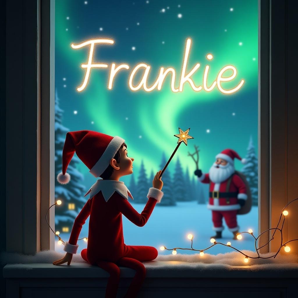 The image features an elf on the shelf, sitting with his back to the viewer, facing a magical Christmas sky. He wields a wand, writing the name 'Frankie' in glowing letters against a backdrop of beautiful northern lights. Outside the window, Santa Claus can be seen, adding to the enchanting holiday scene. The environment is adorned with sparkling lights, creating a warm and festive atmosphere. The whole scene evokes a sense of wonder and holiday cheer, perfect for capturing the spirit of Christmas.