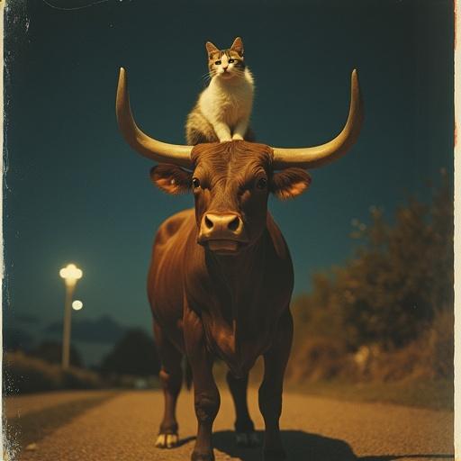 A bull stands proudly on a road with a cat perched on its back. Night setting highlighted by flash, capturing the charm of 1990s candid photography with Polaroid aesthetics.