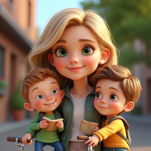 Image depicts a light blond woman with green eyes and two children. The group includes a six-year-old girl and a four-year-old boy. They are standing together with a bicycle that has a trailer. The children hold books. The woman appears to work in the public sector as a scrum master and AI consultant.
