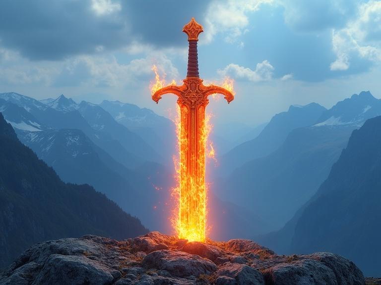 Flaming sword made of glass emerges from the rocky mountain ground. The handle is engulfed in flames. The ground below glows brightly. Detailed mountains appear in the background. Blue clouds blanket the sky.
