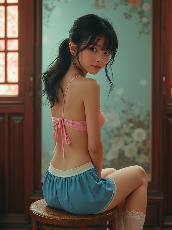 Petite Asian girl sits on a chair in a feudal China room. She wears a blue and white skirt and a light pink foam bra. She has tied wet hair and cream thigh-high stockings. The room is well lit with floral decorations. The photo has a nostalgic early-2000s vibe with visible lens dust and film grain.