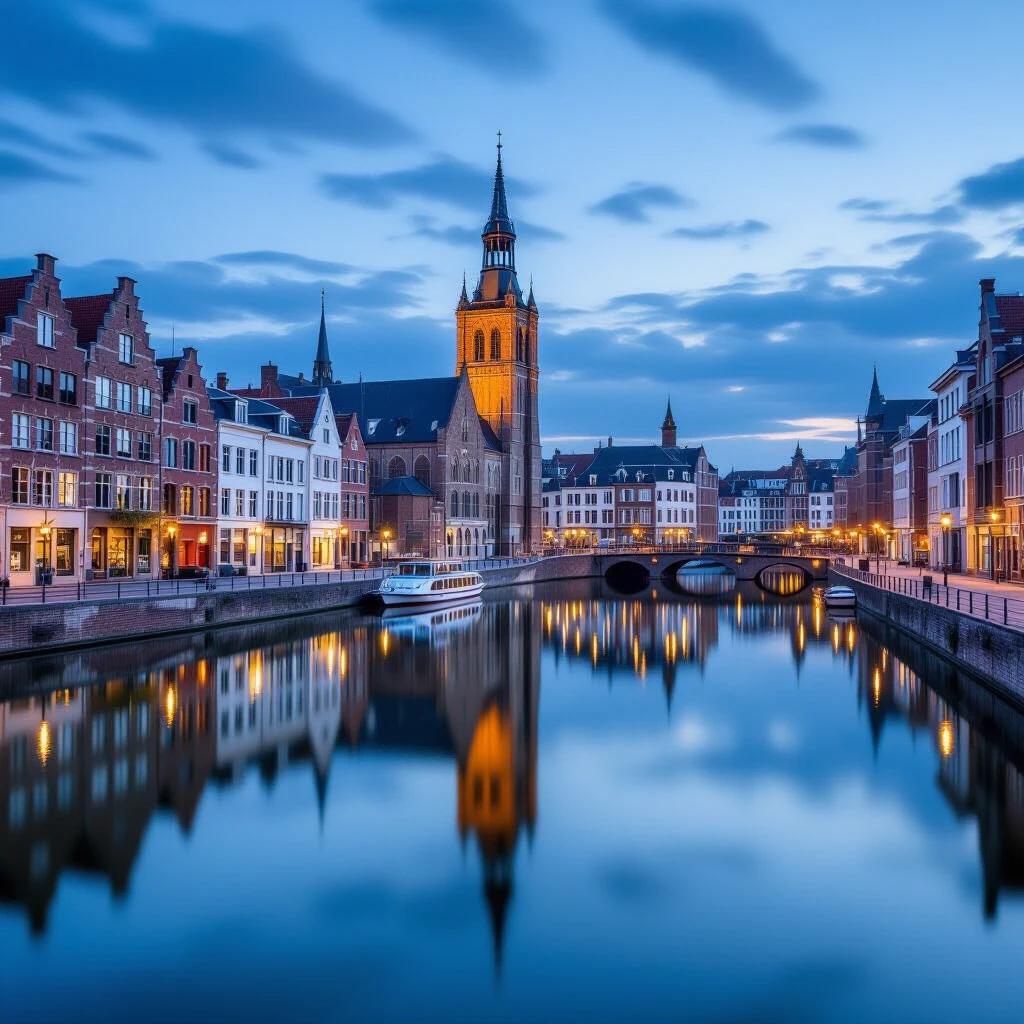 Beautiful evening view of Liège Belgium Historical buildings along the canal under blue sky with soft light. Boat floating on the water. Historic architecture reflecting in water.