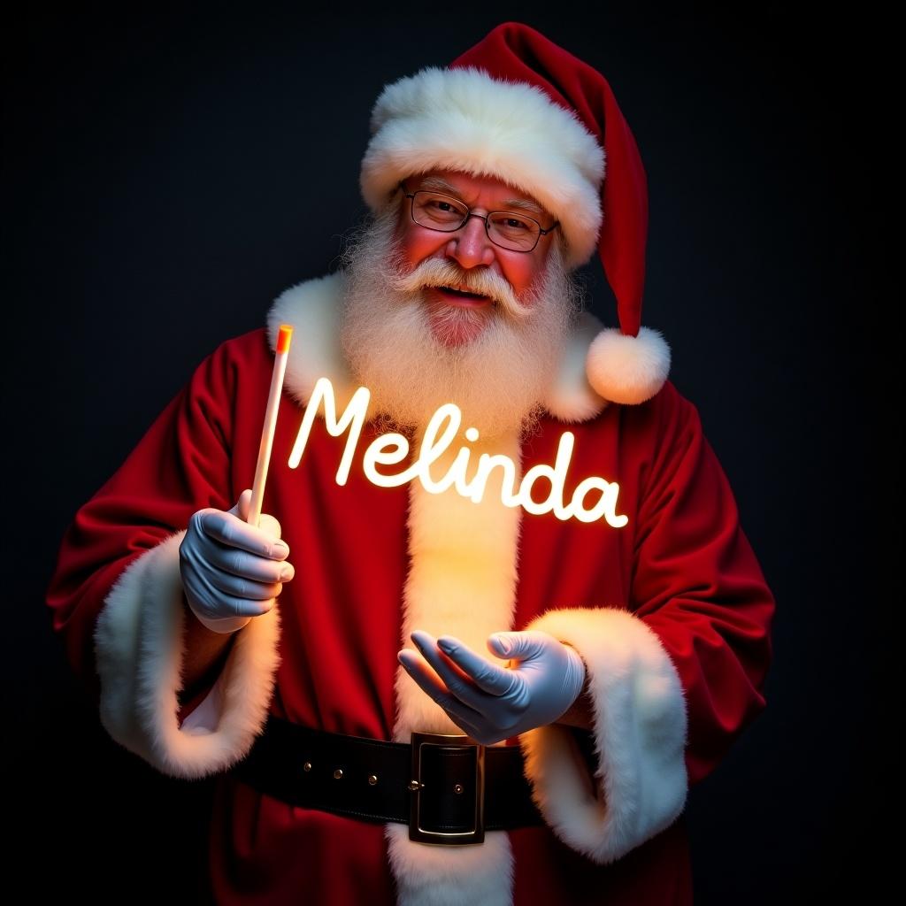 This image features Santa Claus in his traditional red and white suit. He is joyfully holding a glow stick that lights up the name 'Melinda.' Santa's expression radiates warmth and holiday spirit. The dark background enhances the glowing name, creating a magical atmosphere. This festive scene encapsulates the joy and charm of the Christmas season. Perfect for personalized holiday greetings or festive promotions.