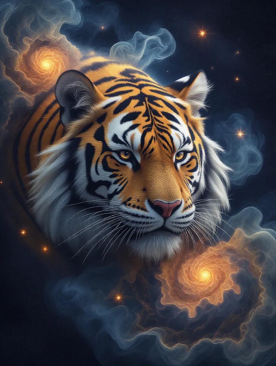 A cosmic design featuring a tiger's head surrounded by galaxies and nebulae. The artwork is highly detailed and iridescent, showcasing vibrant colors and intricate patterns. The background displays a deep space theme with swirling smoke and stars.
