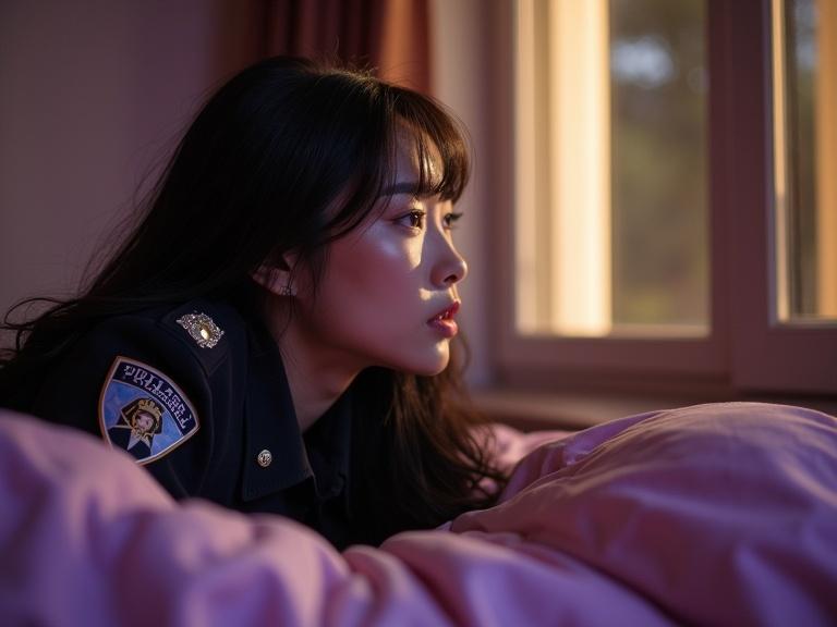 Cinematic boudoir photography featuring beautiful East Asian female in police uniform. Lying on bed looking outside from window with captivating gaze. Professional cinematic perspective. Erotic mood with purple and golden muted colors.
