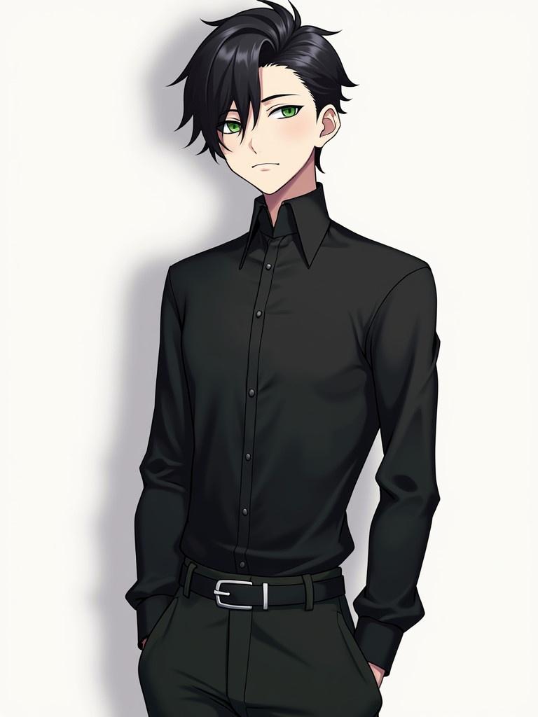 Anime boy standing tall at 190 cm. Small green eyes. Stylish fade haircut. Wearing a full-arm black shirt and matching black pants. Thoughtful expression. Light background contrasts with dark attire.