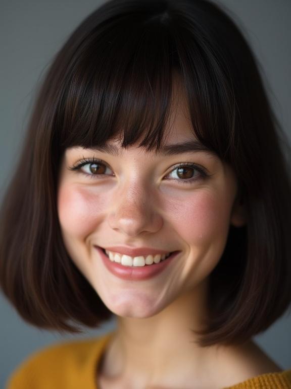 Close-up studio portrait featuring a woman with a 1960s-style brunette bob haircut. She has auburn-brown eyes and a slight smile. Background is medium gray.