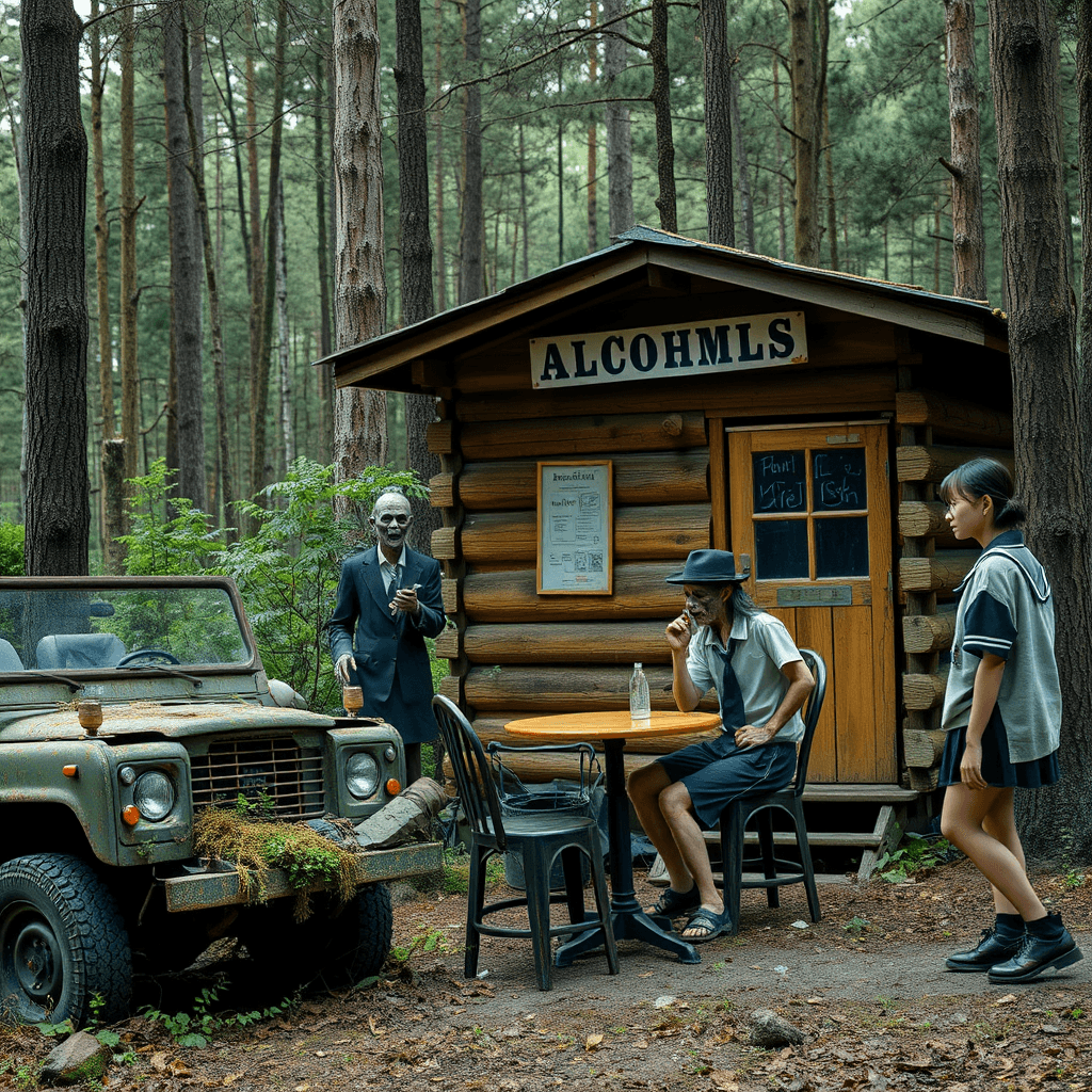 People gather at a peculiar log cabin in the woods, with an abandoned vehicle nearby.