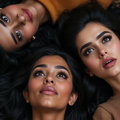 Several women with large dark brown eyes and black hair in various styles are lying on the floor. They have dark skin and well-groomed thick eyebrows. Their eyes are wide open looking upward.