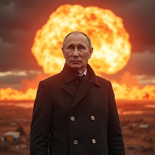 Image of a male figure standing confidently in front of a large explosion. The backdrop features vivid orange flames, suggesting a nuclear detonation. The figure has a determined expression and dresses in formal attire. Include a bold headline: 'Back to the Future'.
