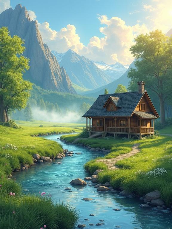 Illustration of a wooden cabin by a gentle stream surrounded by mist and green grass. Scene from above with blue water and a path to the cabin. Spring day with sunshine through clouds. Evokes warm feelings with focus on nature and architecture. Exquisite details and high resolution.