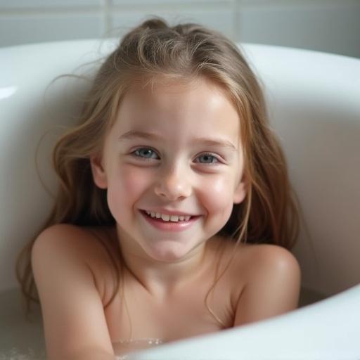 Smiling 7-year-old girl laying on her back in a bathtub. The girl looks at the camera. Scene showcases a peaceful moment. Long hair falls to the side. Bathtub appears white.