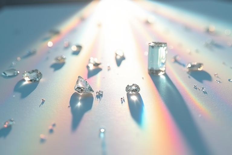 Dynamic scene with white lighting ray passing through tiny glass prisms on a light surface. Vibrant spectrum splitting. Subtle light intensity creates a dreamlike ambiance. Background white surface emphasizes prismatic burst, reflections dancing. Parallel projection. Overhead camera angle.