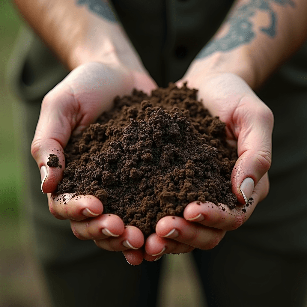 A close-up of tattooed hands gently holding a pile of rich, dark soil.