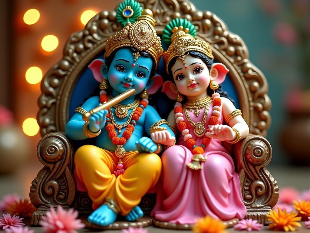 The image depicts two beautifully crafted figures representing deities. One figure has a blue complexion, wears a golden crown with peacock feathers, and holds a flute. The other figure, dressed in a pink traditional outfit, sits closely beside the first figure, adorned with intricate jewelry and floral garlands. They are seated on an ornate throne that adds to the majestic appearance. The background is softly illuminated with warm lights, creating a festive atmosphere. Flower petals scatter around the throne, enhancing the religious and cultural significance of the scene.