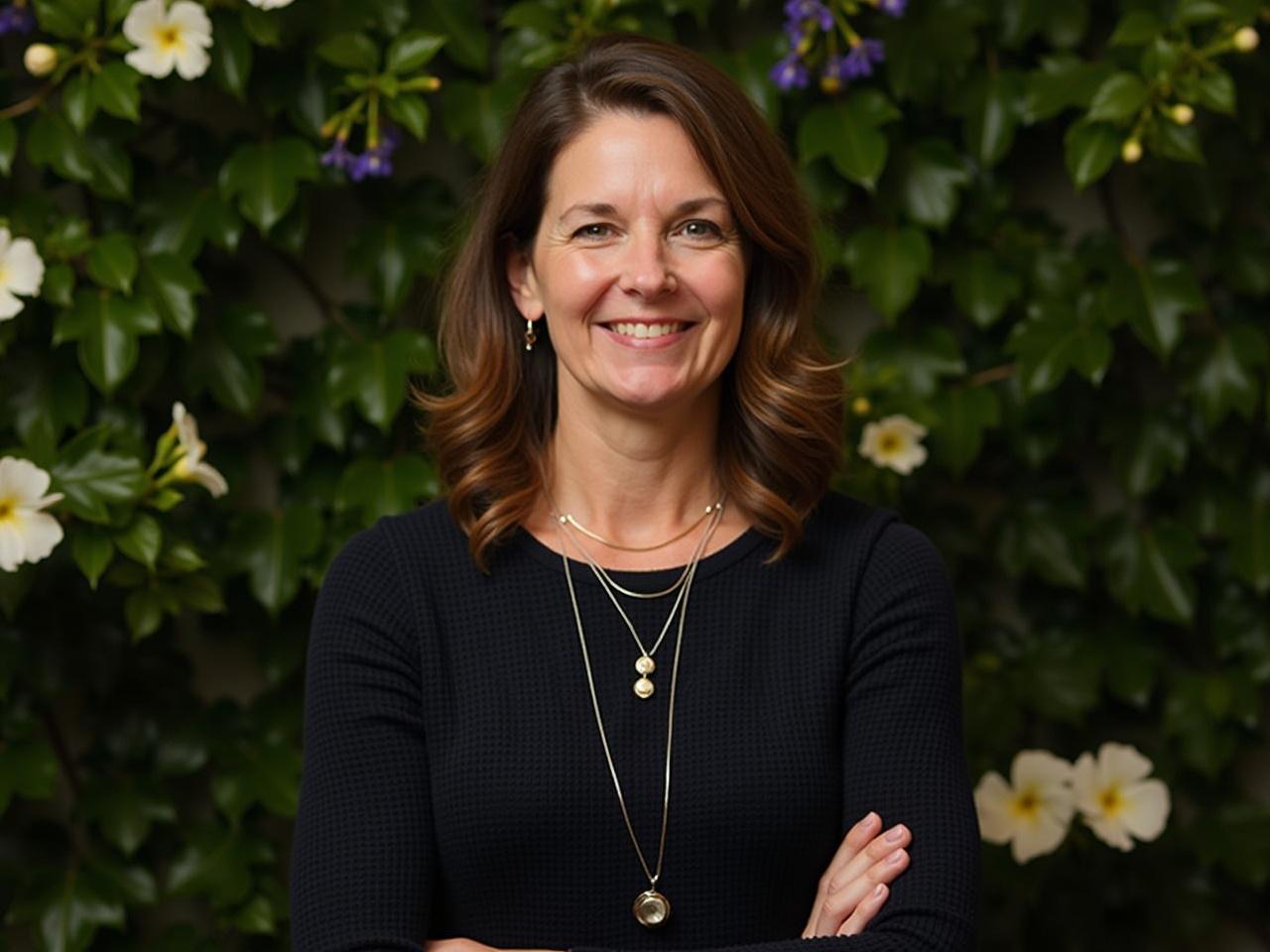 This image features a woman standing in front of a lush green background filled with flowering plants. She is wearing a dark, textured top that adds sophistication to her appearance. The soft, flattering lighting enhances her features, creating a warm and inviting atmosphere. The accessories she wears, including delicate necklaces, contribute to her professional look. This image is ideal for corporate branding, networking events, or professional social media profiles.