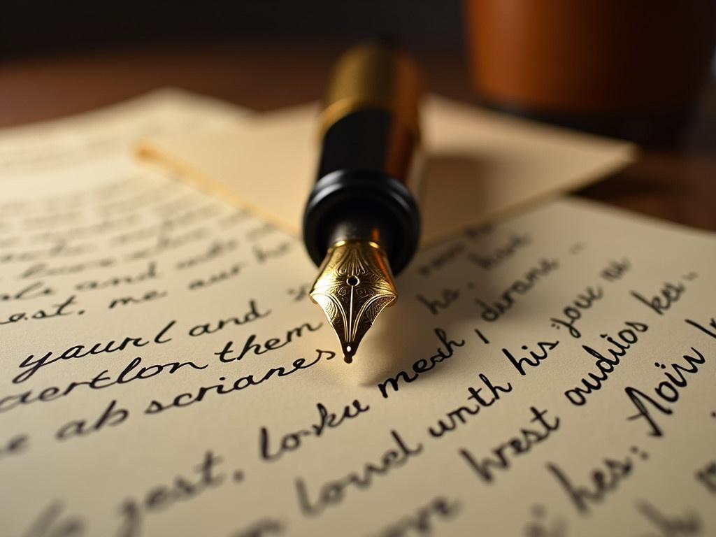 The image features a close-up of a fountain pen resting on some handwritten text. The pen has a shiny gold nib that reflects light beautifully, showing intricate designs. The background consists of sheets of paper filled with cursive writing, creating an inviting and vintage atmosphere. The overall tone is warm and nostalgic, evoking a sense of communication and creativity. The focus on the pen highlights its elegant design and craftsmanship.