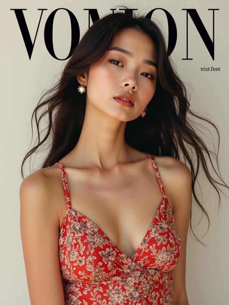 The image features a young woman modeling a floral dress with a deep neckline. She has long, flowing hair and is wearing golden earrings, looking directly at the camera. The background is a simple light color, bringing focus to her and her attire. The overall aesthetic is reminiscent of high-fashion magazine covers. The lighting is soft and natural, enhancing her features and the elegance of the dress.